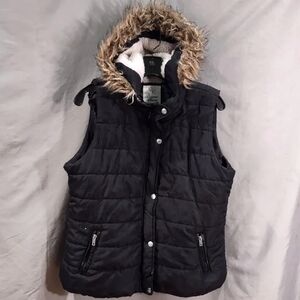 Forever Flower Black Puffer Vest with Faux Fur Hood